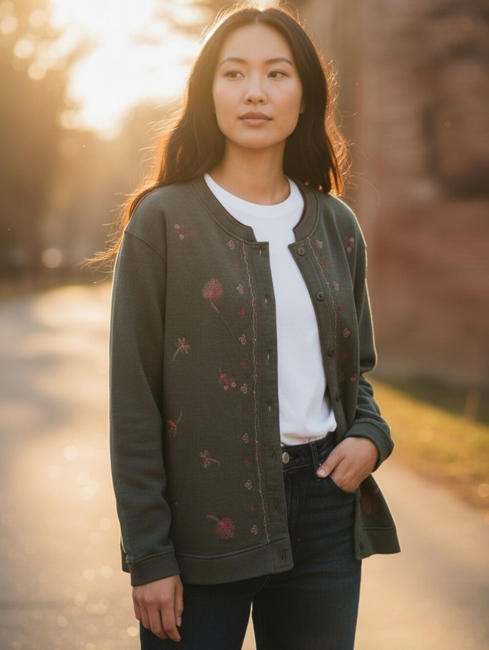 Haband Olive Green Floral Button Down Sweater